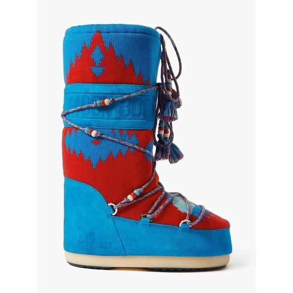 NEW ALANUI X MOON BOOT Icon Knit Jacquard Red Azure Wool Boots Size 8-9.5 - Picture 8 of 16